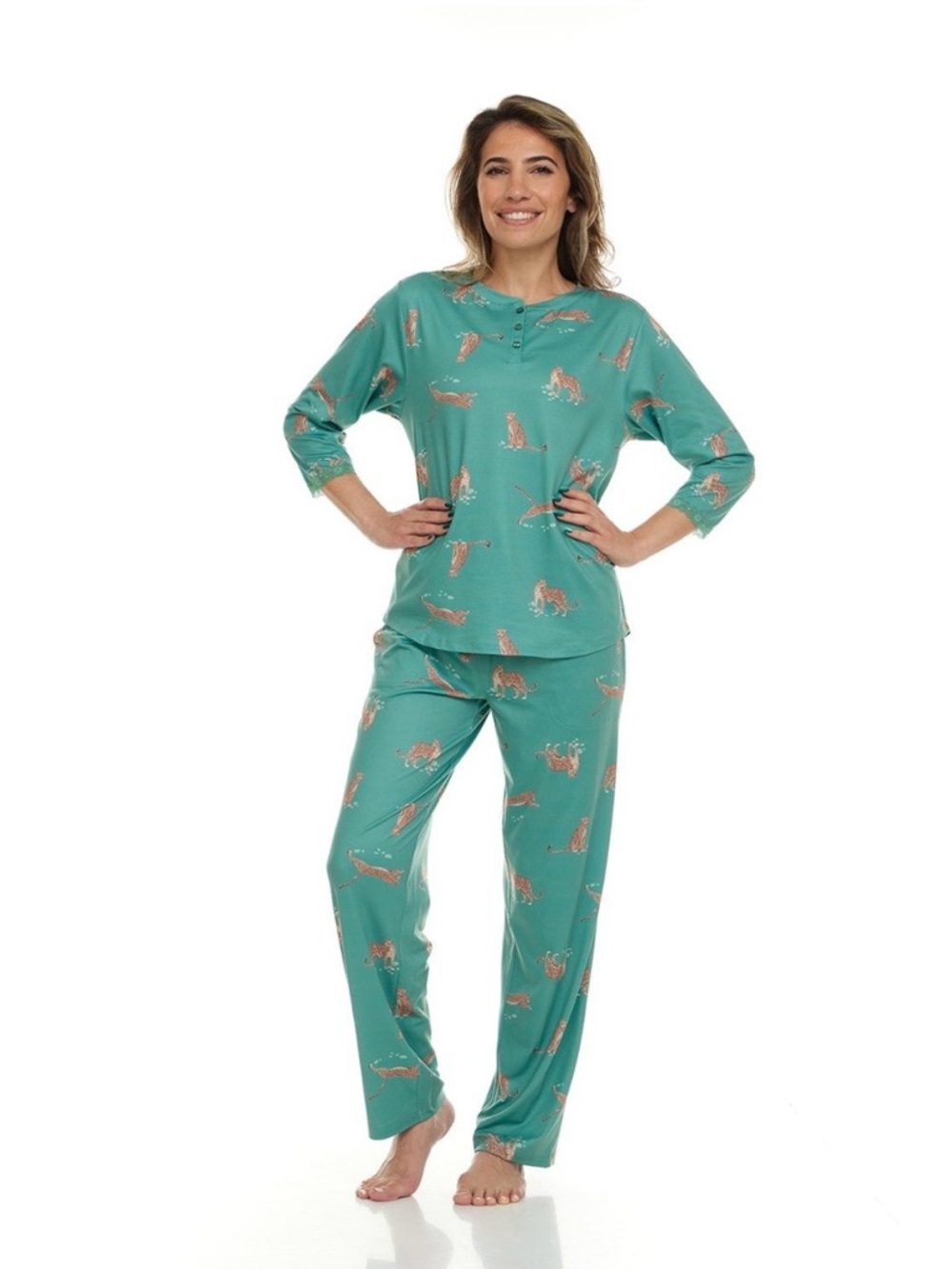 Flora Nikrooz Green Tiger-Print Henley Lounge Pajama Set